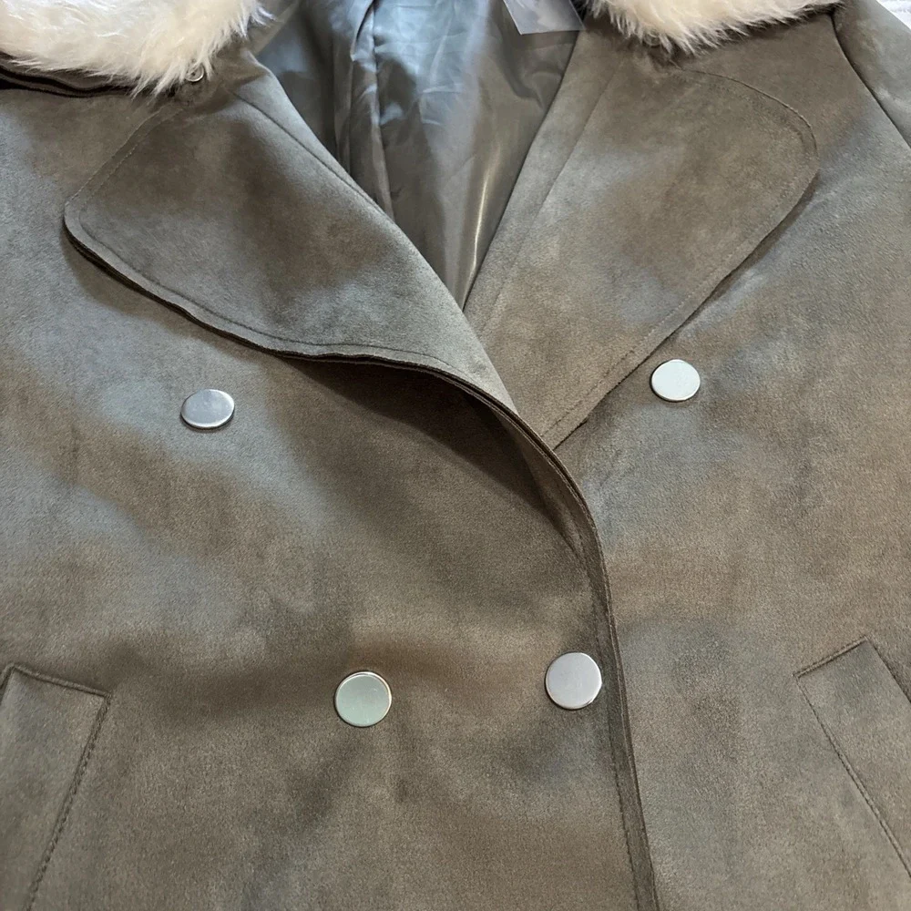 Hyfve Jacket Blazer Women's Sz S Faux Leather Suede olive Green‎ Faux Fur Trim - Picture 3 of 15